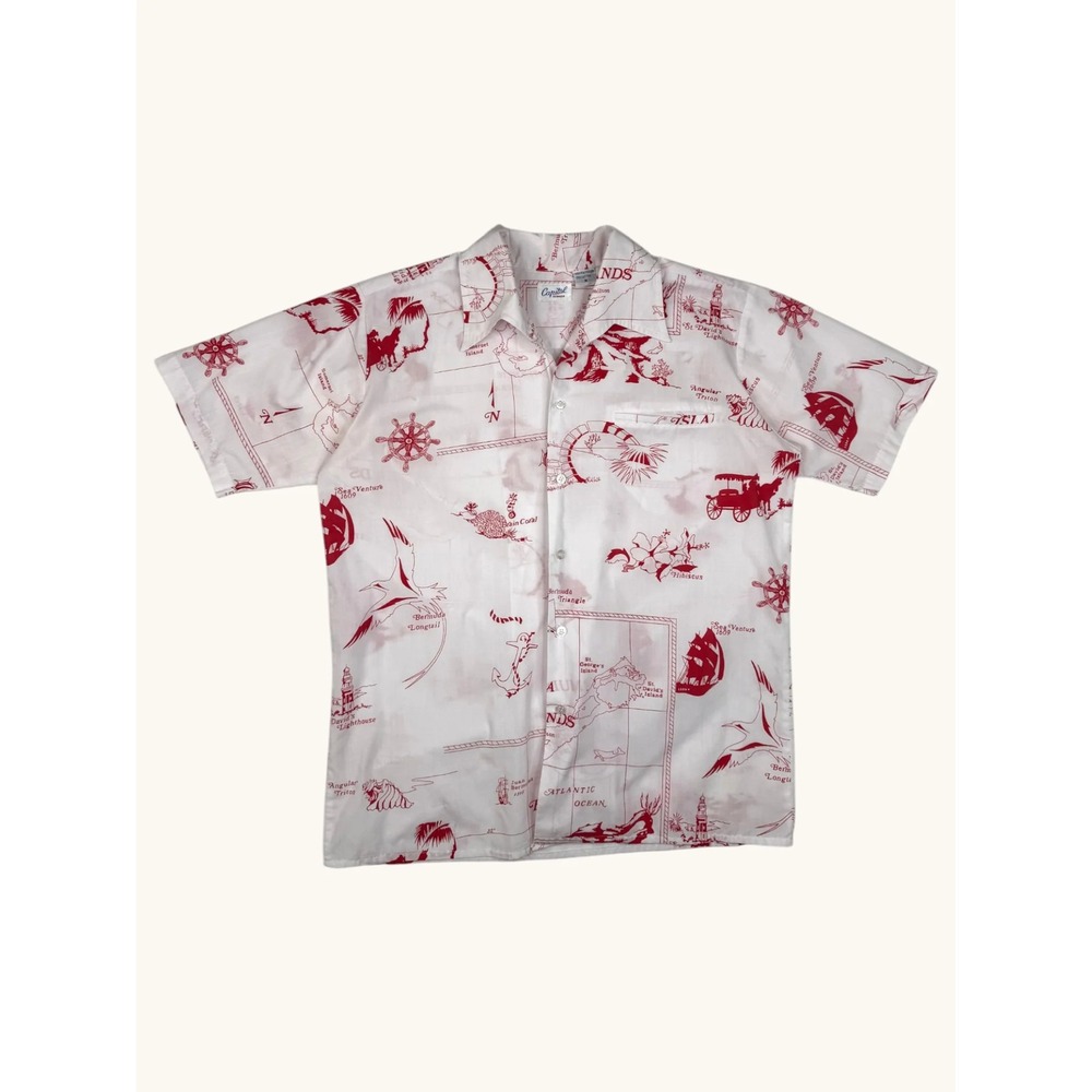 Vintage Capital Bermuda Nautical Map Print Shirt Mens Medium White Red Tropical - Picture 1 of 5